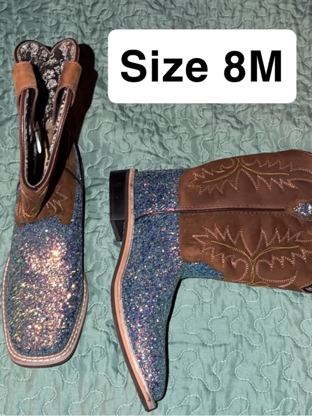 Women's Brown Leather & Blue Glitter Western Boots - Size 8M